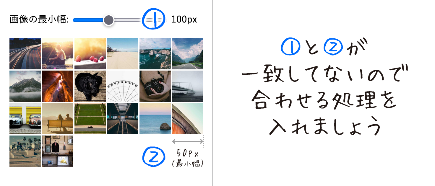 スライダー数値と実際の画像サイズが一致してないので合わせる処理を入れましょう