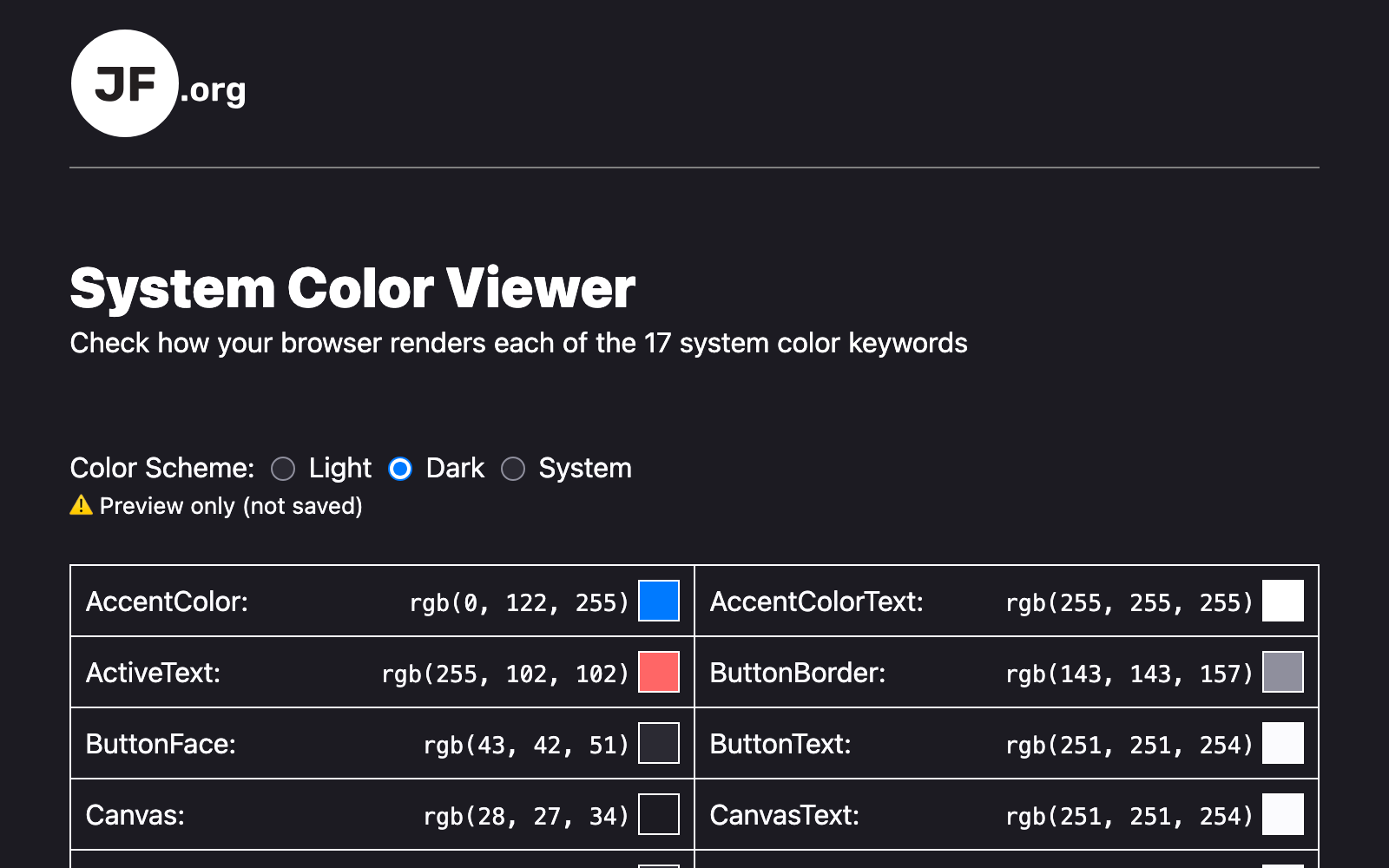 Screen shot: dark mode selected