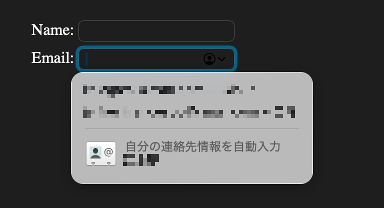 Email 入力欄にフォーカスが当たり、複数あるメールアドレスの選択肢が一覧で表示されているが、アイコンは黒地に黒い塗りつぶしで描かれるため認識できない